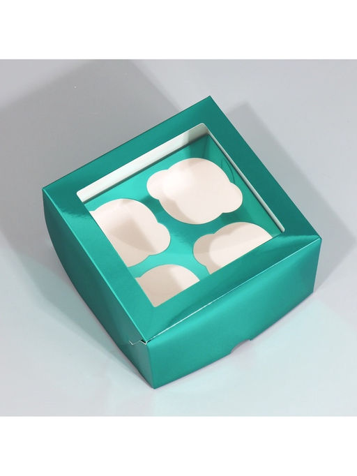 Цена за 5 шт. Коробка для капкейков, кондитерская упаковка с окном, 4 ячейки «Голубая», 16 х 16 х 10 см