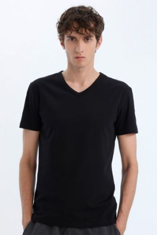 Slim Fit Dar Kesim V Yaka Basic Duz Ust