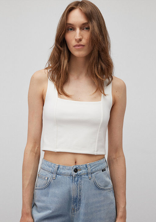 Kare Yaka Beyaz Crop Top - Mavi фото 2