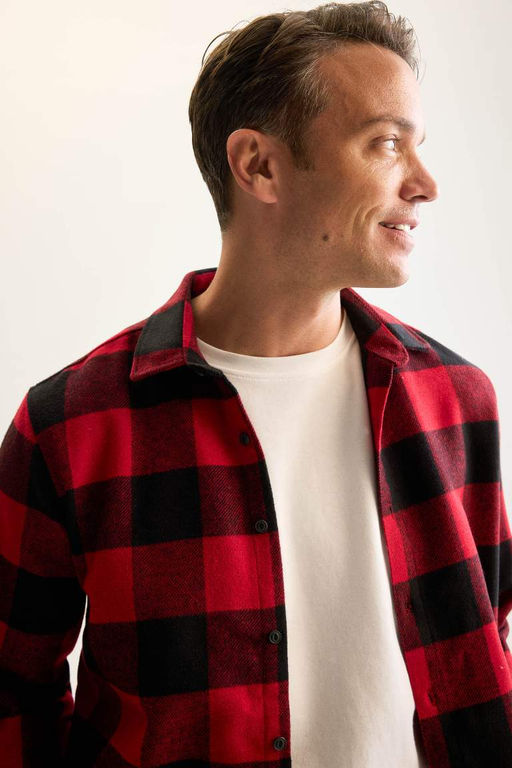 Мужская красная фланелевая рубашка с длинными рукавами и воротником-поло стандартного кроя в клетку Lumberjack - Defacto фото 4