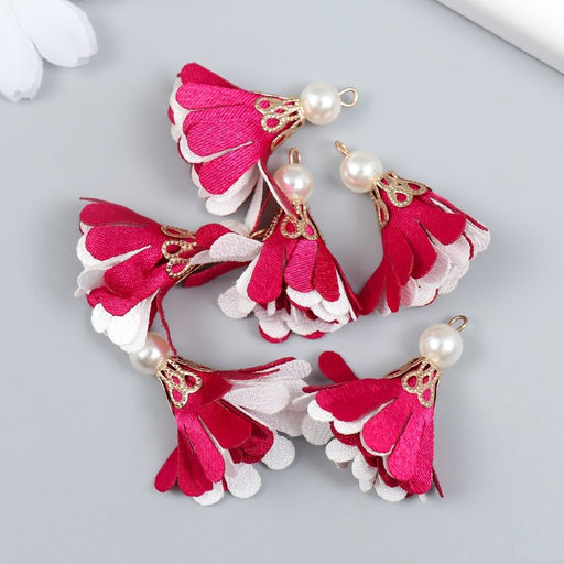 Декор текстиль Цветок 2 с жемчужиной. Малиновый и белый, набор 6 шт., 3 см