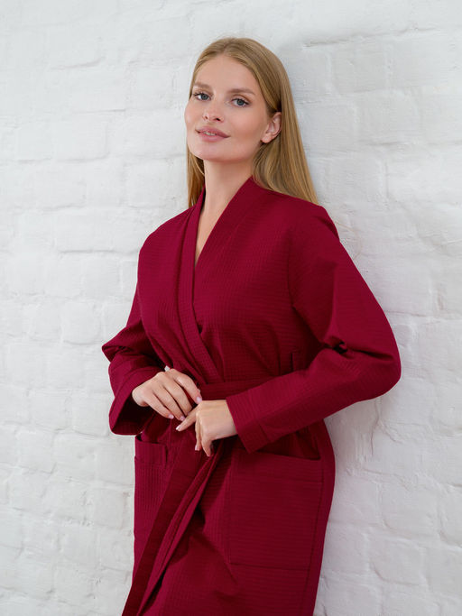 Женский вафельный халат с планкой бордовый В-02 (15)