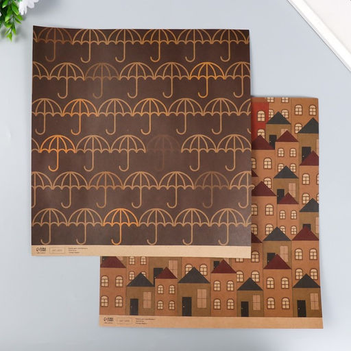 Цена за 5 шт. Бумага для скрапбукинга двусторонняя крафт «Домики и зонтики», плотность 180 г, 30.5×32 см