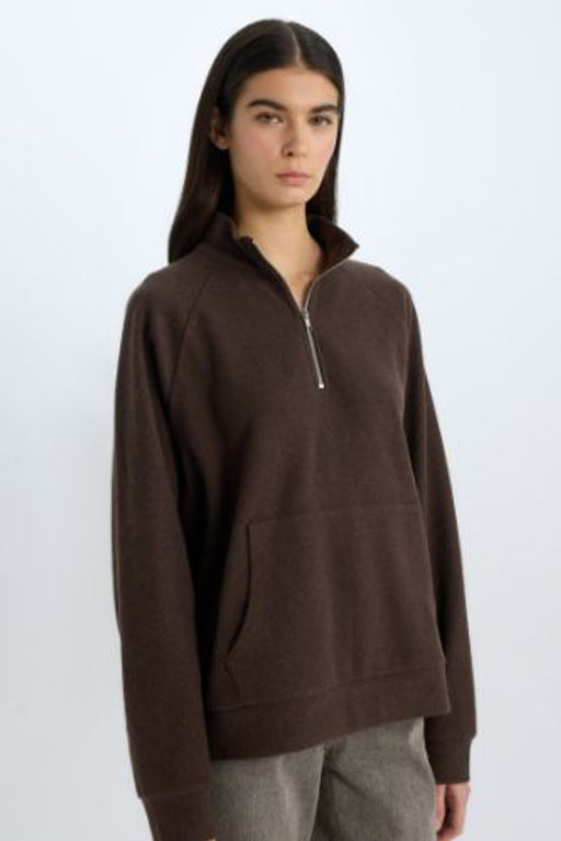 Oversize Genis Kal?p Basic Duz Kanguru Cepli Fermuarl? Polo Yaka Sweatshirt