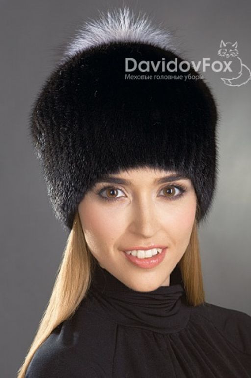 Шапка Буратино норка блэк помпон блюф