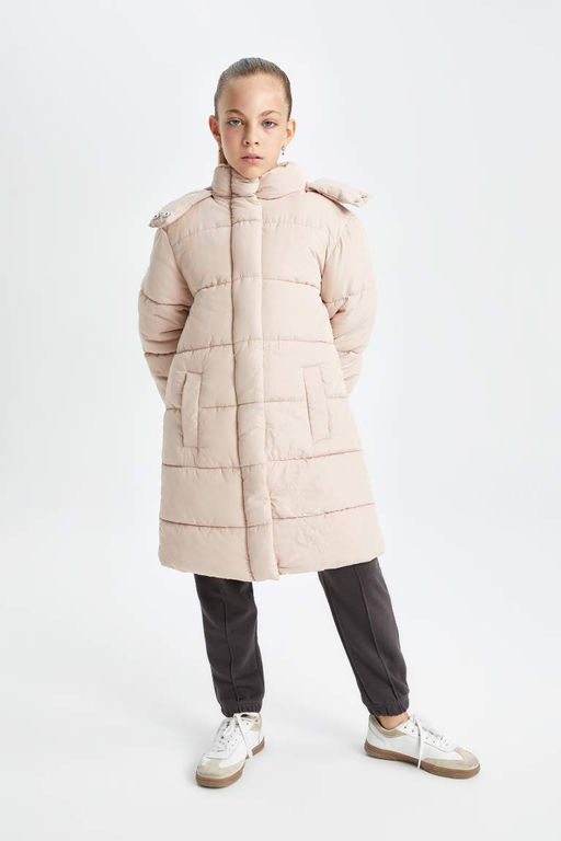 Водоотталкивающая парка с капюшоном для девочек, застежкой-молнией и кнопками, а также карманами - Defacto фото 3