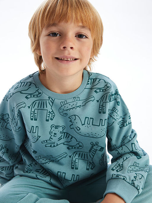 Bisiklet Yaka Uzun Kollu Bask?l? Erkek Bebek Sweatshirt ve E?ofman Alt 2li Tak?m