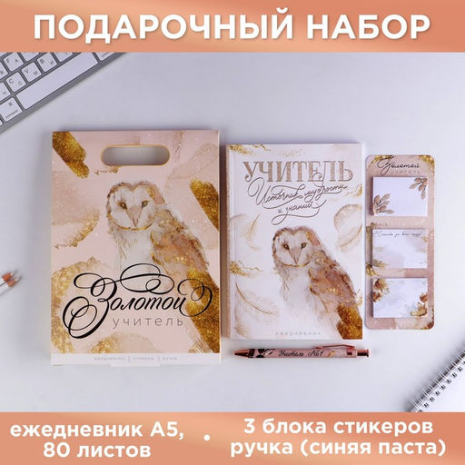 Подарочный набор, ежедневник А5, 80 л., стикеры, ручка «Золотой учитель»