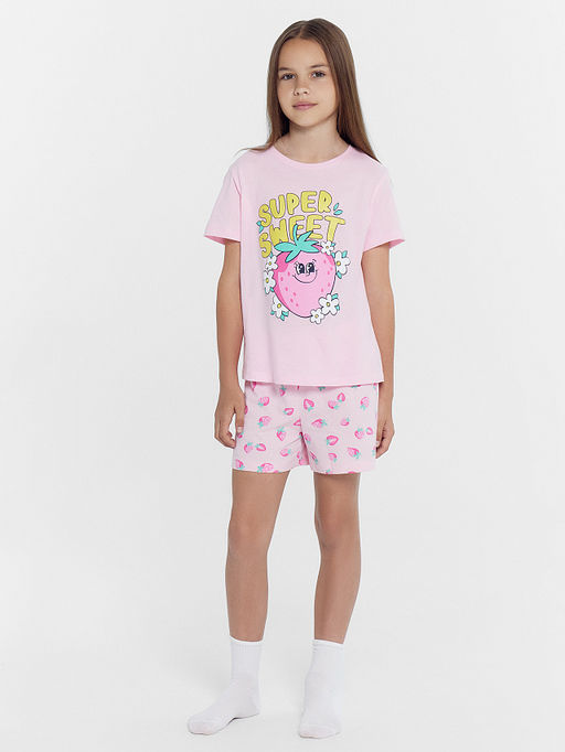 Комплект для девочек (футболка, шорты) розовый с принтом клубника - Mark formelle фото 2