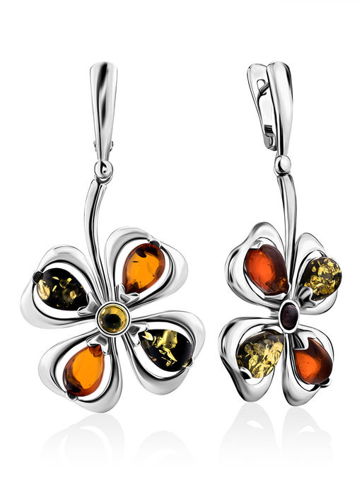 Яркие крупные серьги с натуральным балтийским янтарём Клевер