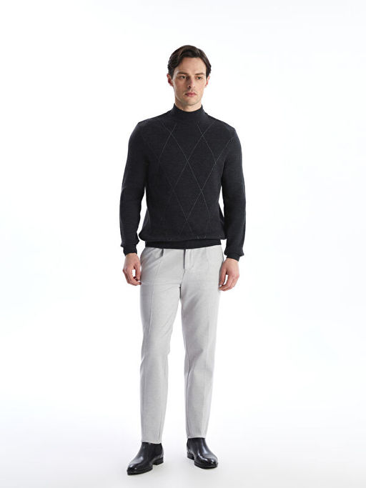 Bal?k?? Yaka Uzun Kollu Desenli Erkek Triko Kazak