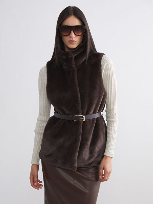 Dik Yaka Beli Kemerli Kad?n K?rk Yelek