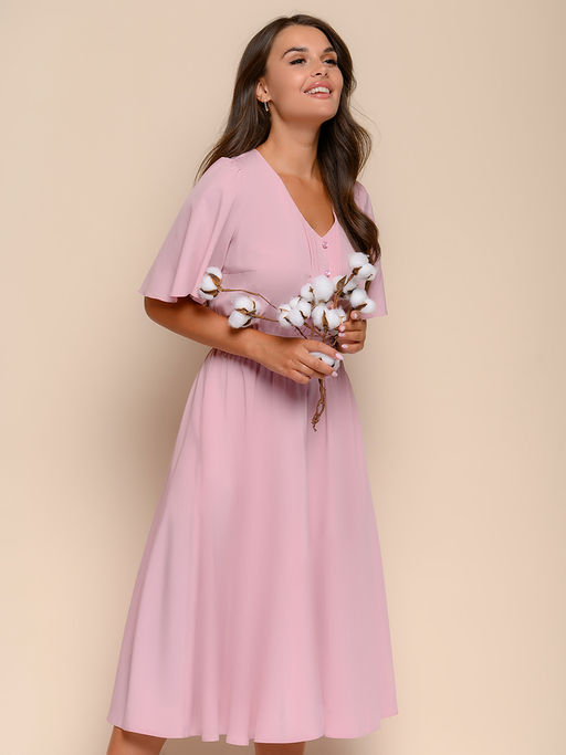Платье цвета пыльной розы длины миди с V-образным вырезом - 1001dress фото 2