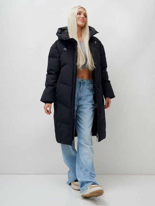 Пальто летучая мышь женское с капюшоном зимнее черного цвета 9616Ch - Mtforce фото 17