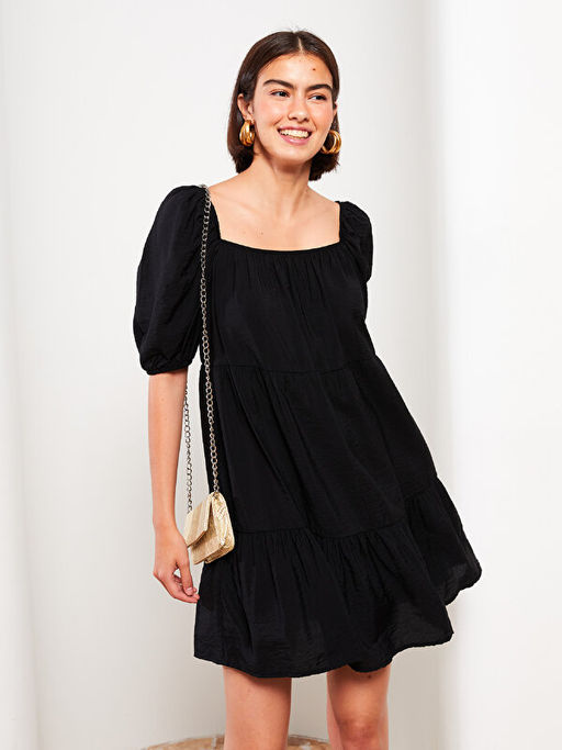 Kare Yaka D?z Balon Kollu Elbise