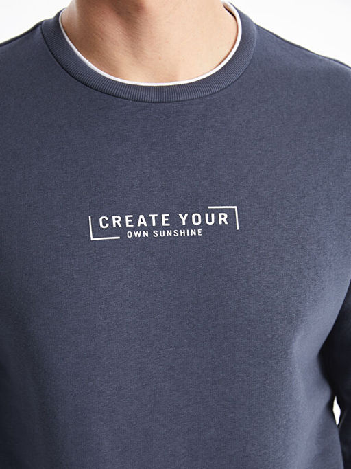 Bisiklet Yaka Bask?l? Erkek Kal?n Sweatshirt