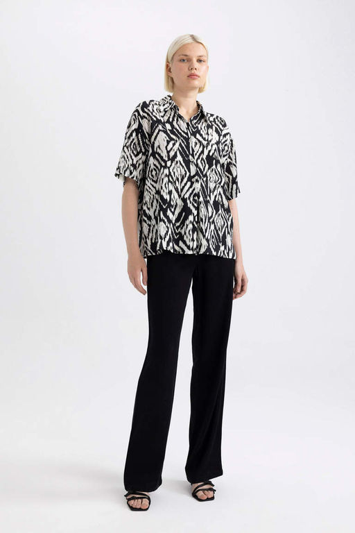 Широкие брюки прямого кроя с карманами и высокой талией из смесового льна - Defacto фото 3