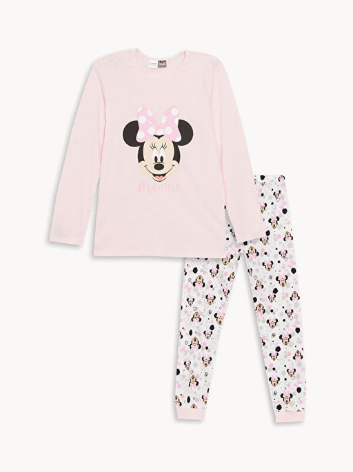 Bisiklet Yaka Minnie Mouse Bask?l? Uzun Kollu K?z ?ocuk Pijama Tak?m?