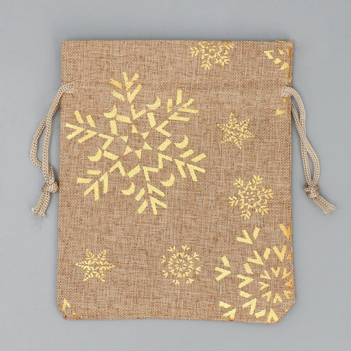 Цена за 5 шт. Мешочек подарочный холща «Золотые снежинки», тиснение, 10 х 12 см +/- 1.5 см