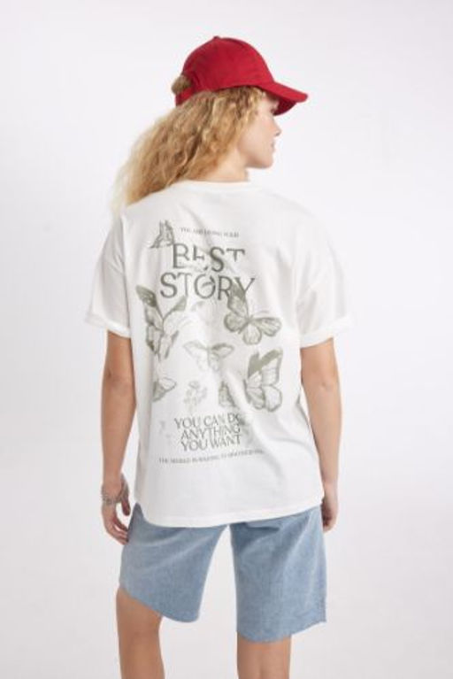 Oversize Genis Kal?p Bisiklet Yaka Bask?l? K?sa Kollu Tisort