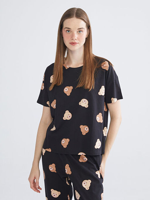 Bisiklet Yaka Ay? Bask?l? Kad?n Pijama Tak?m?