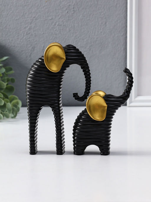 Сувенир полистоун "Слон со слонёнком. Гофре" чёрный с золотом набор 2 шт 5,5х16,5х16,5 см