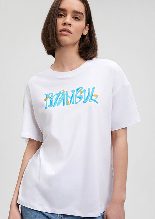 Istanbul Bask?l? Beyaz Tisort - Mavi фото 2