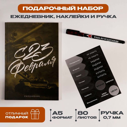 Подарочный набор, ежедневник А5, 80 листов, наклейки и ручка «С 23 февраля»