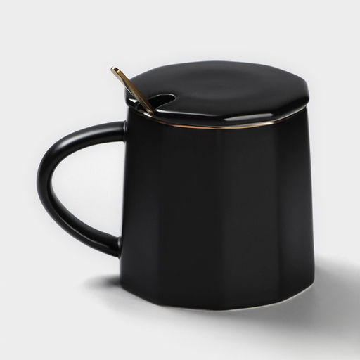 Кружка с ложкой Simple, 350 мл, керамика, чёрная