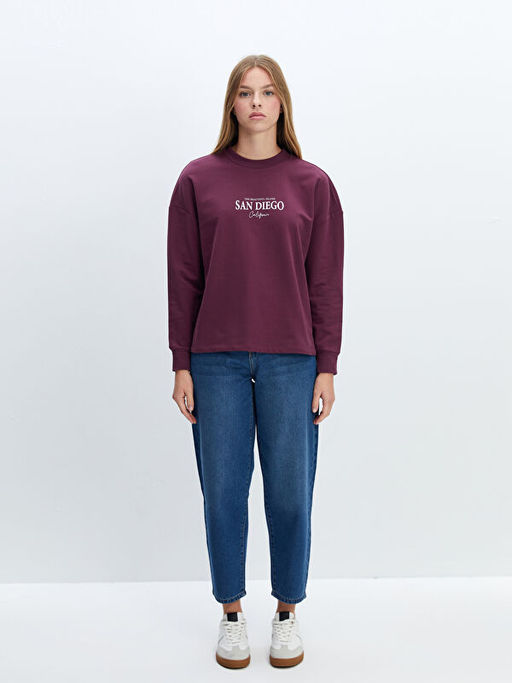 Bisiklet Yaka Bask?l? Oversize Kad?n Sweatshirt