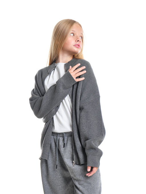 Джемпер оверсайз на молнии для девочки 33-7596 серый