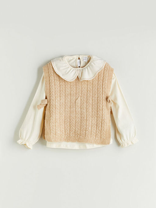 K?z ?ocuk Bebe Yaka Bluz, Triko S?veter ve Pantolon Tak?m