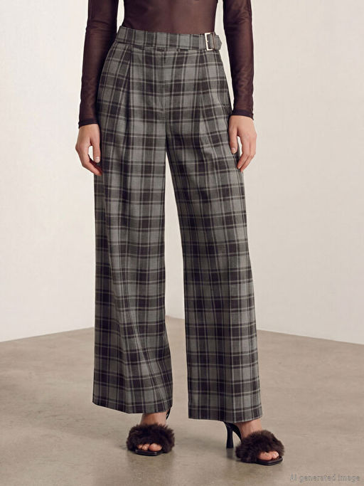 Beli Kemerli Ekose Geni? Pa?a Kad?n Pantolon