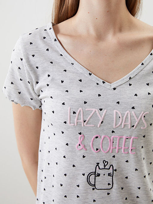 V Yaka Desenli Kad?n Kaprili Pijama Tak?m?