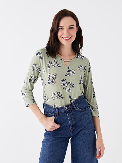 Bisiklet Yaka ?i?ekli Kad?n Bluz