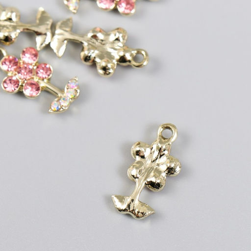 Цена за 5 шт. Декор для творчества металл, стразы Цветочек розовый с листиками, золото 1.1?2 см