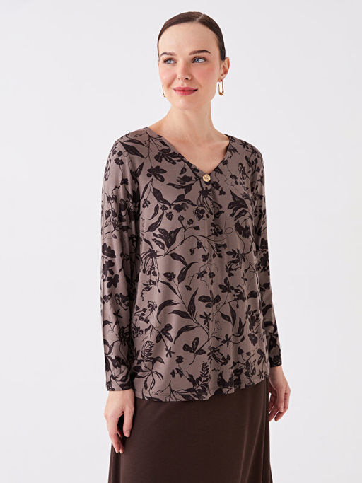 V Yaka Bask?l? Kad?n Tunik