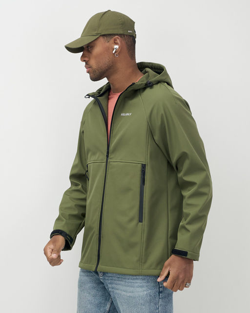 Ветровка спортивная мужская с капюшоном softshell цвета хаки 9563Kh