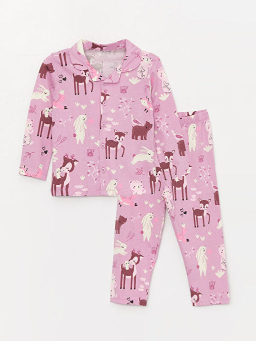 Polo Yaka Uzun Kollu Bask?l? K?z Bebek Pijama Tak?m