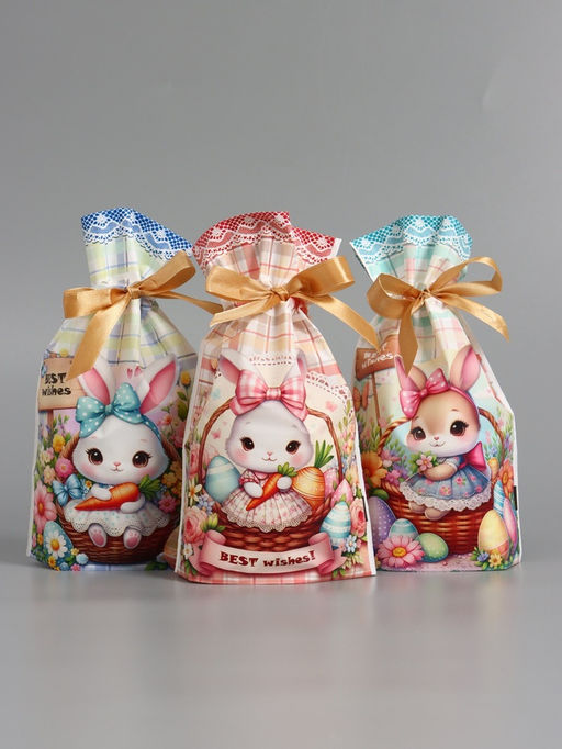 Цена за 50 шт. Пакет  полиэтиленовый подарочный "Заяц с цветами", с завязками, 15х23±1 см