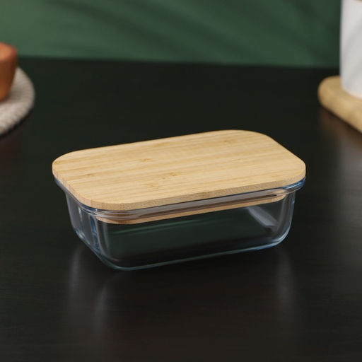 Контейнер для еды BellaTenero Эко, 370 мл, с бамбуковой крышкой, жаропрочное стекло, прозрачный  фото 3