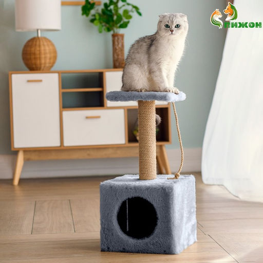 Домик для животных, с когтеточкой и полкой, джут, 32×32×64 см, серый