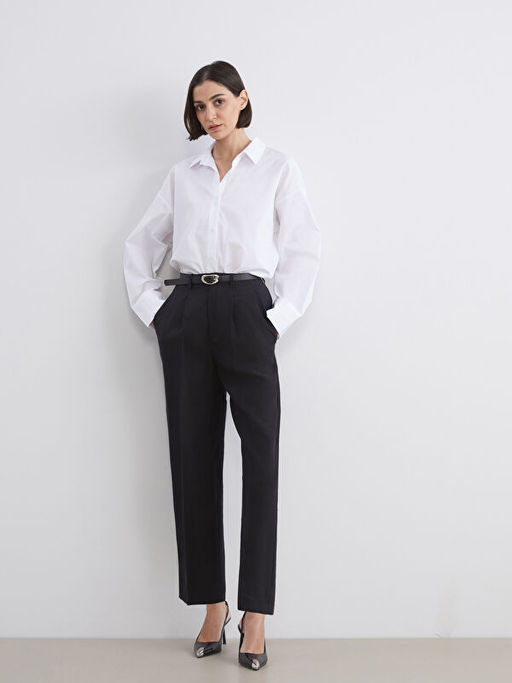 Beli Kemerli Loose Fit Kad?n Pileli Pantolon