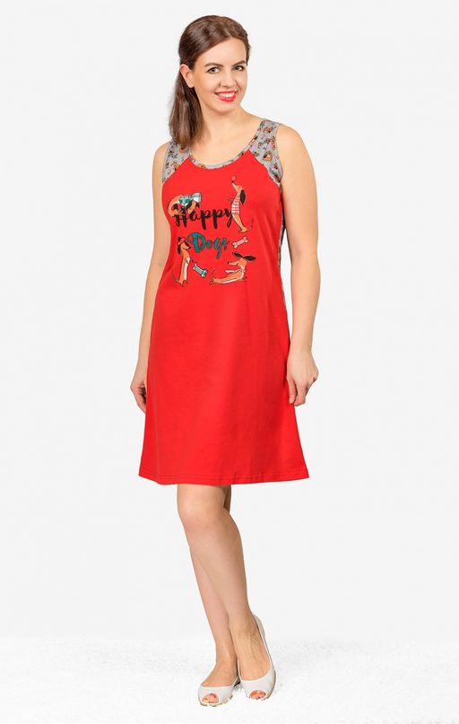 Сорочка комбинированная, принт Таксы, красный (534-2)