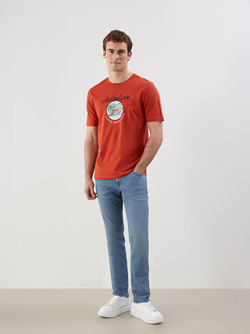 Bisiklet Yaka K?sa Kollu Antalya Bask?l? Penye Erkek Ti??rt