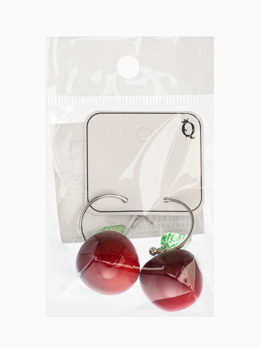 Серьги кольца «Черешня с листочком», бордовые в серебре