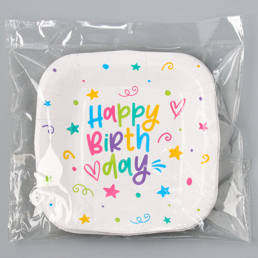 Цена за 10 шт. Тарелка одноразовая бумажная квадратная "Happy Birthday", звёздочки, 16,5х16,5 см
