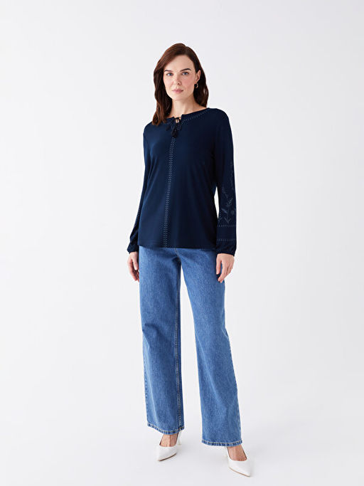 Ba?lamal? Yaka Desenli Uzun Kollu Kad?n Bluz