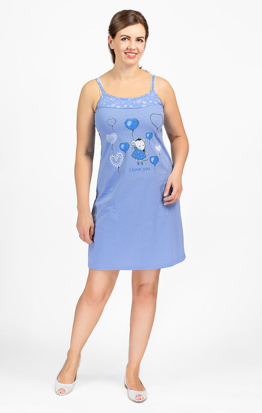 Сорочка на бретелях, двойного крашения, принт Мышка с шариками, голубой (602-3)