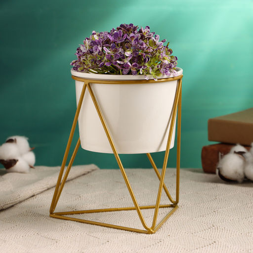 Горшок для цветов «Грани» керамический, 400 мл, 14×11×15 см, на золотистой металлической подставке, белый